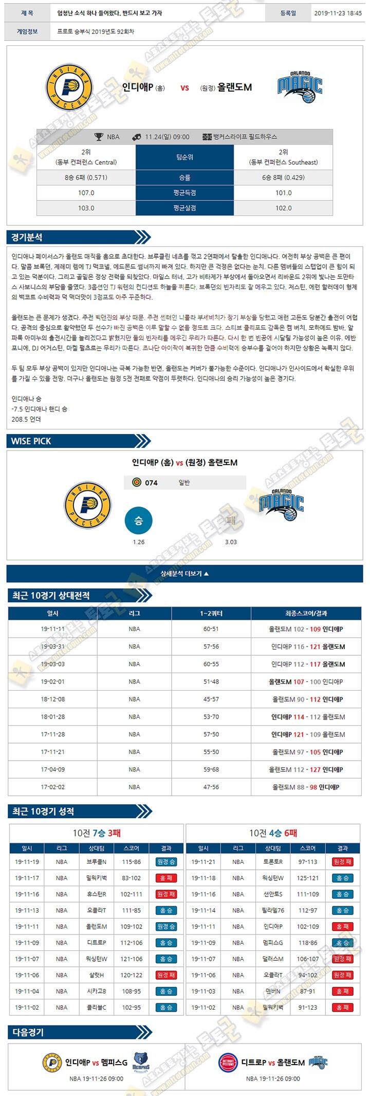 분석픽 NBA 11월 24일 10경기 토토군 분석