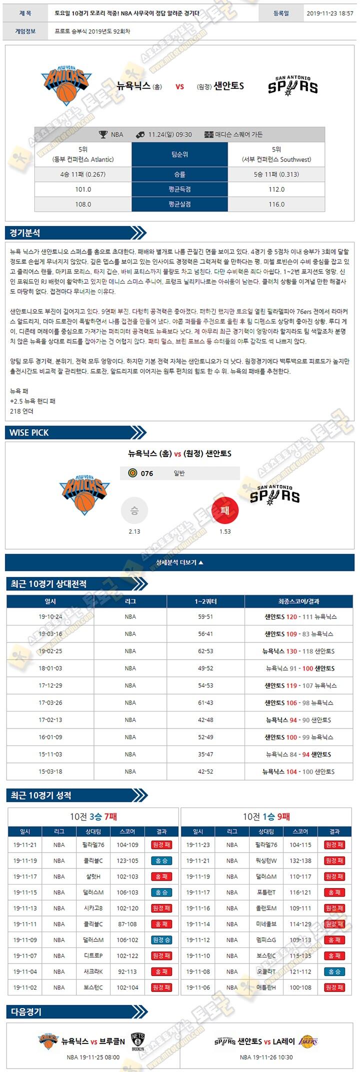 분석픽 NBA 11월 24일 10경기 토토군 분석