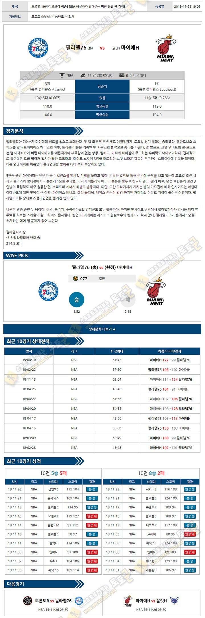 분석픽 NBA 11월 24일 10경기 토토군 분석