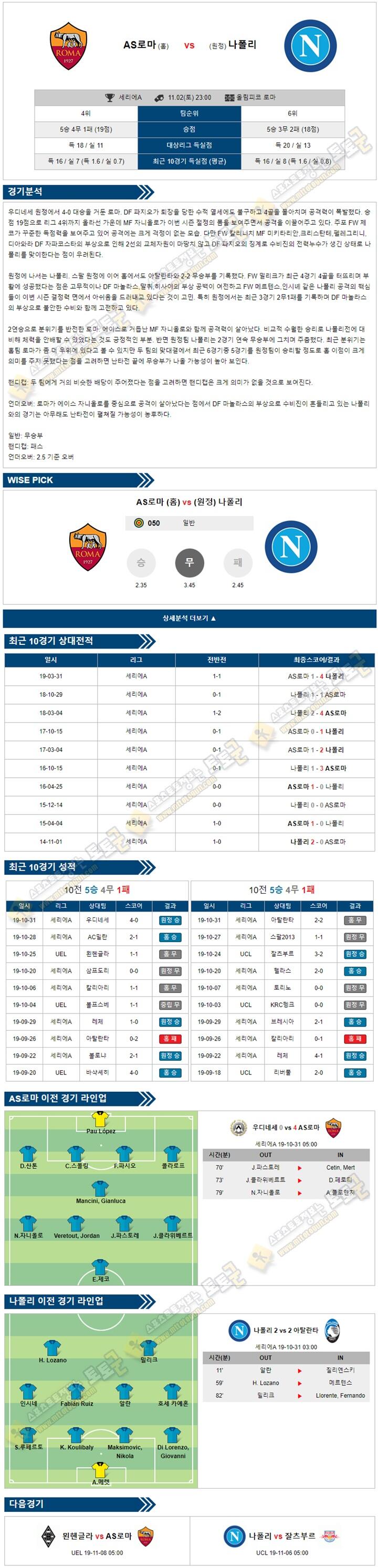 축구분석 세리에A 11월 02-03일 3경기 토토군 분석