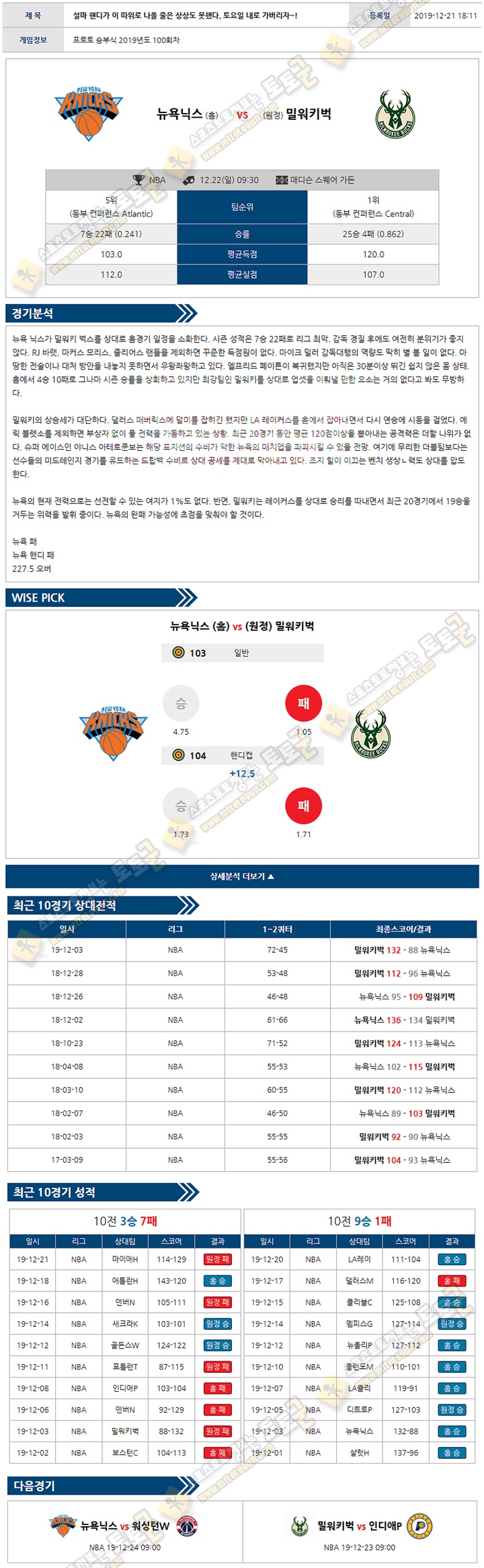 분석픽 NBA 12월 21일 9경기 토토군 분석