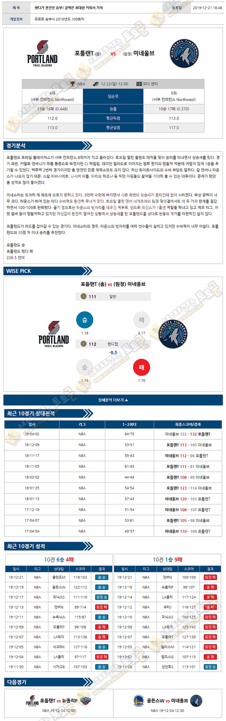 분석픽 NBA 12월 21일 9경기 토토군 분석