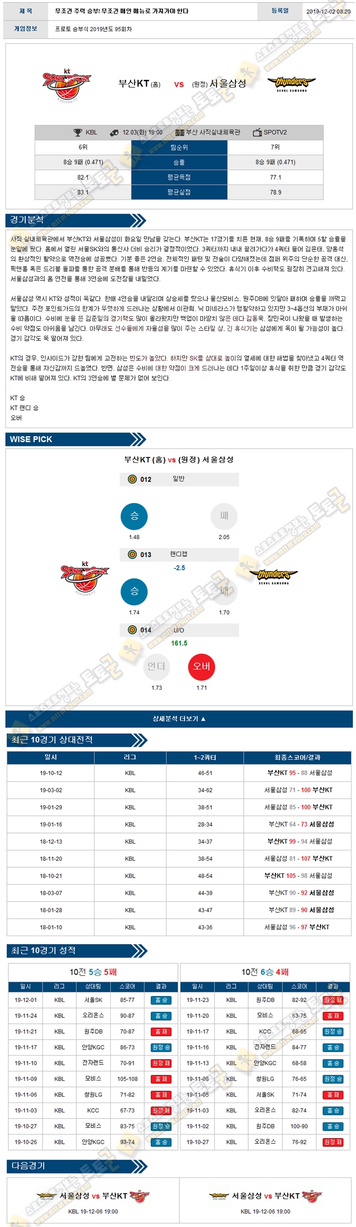 분석픽 KBL 12월 03일 부산KT 서울삼성 토토군 분석