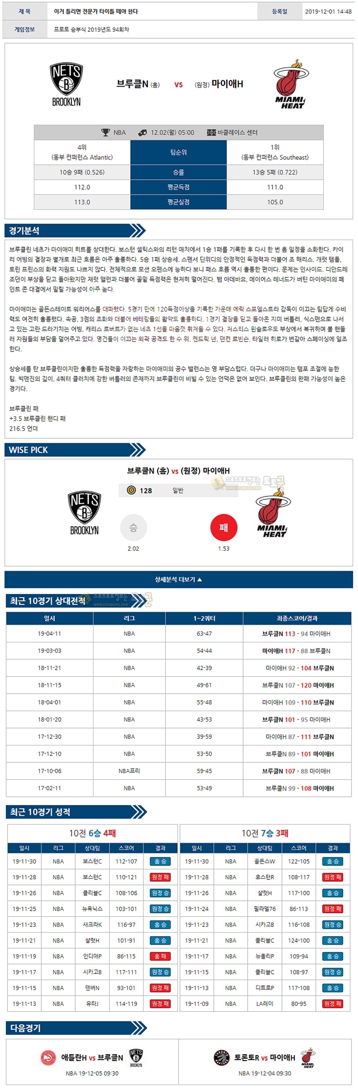 분석픽 NBA 12월 02일 9경기 토토군 분석