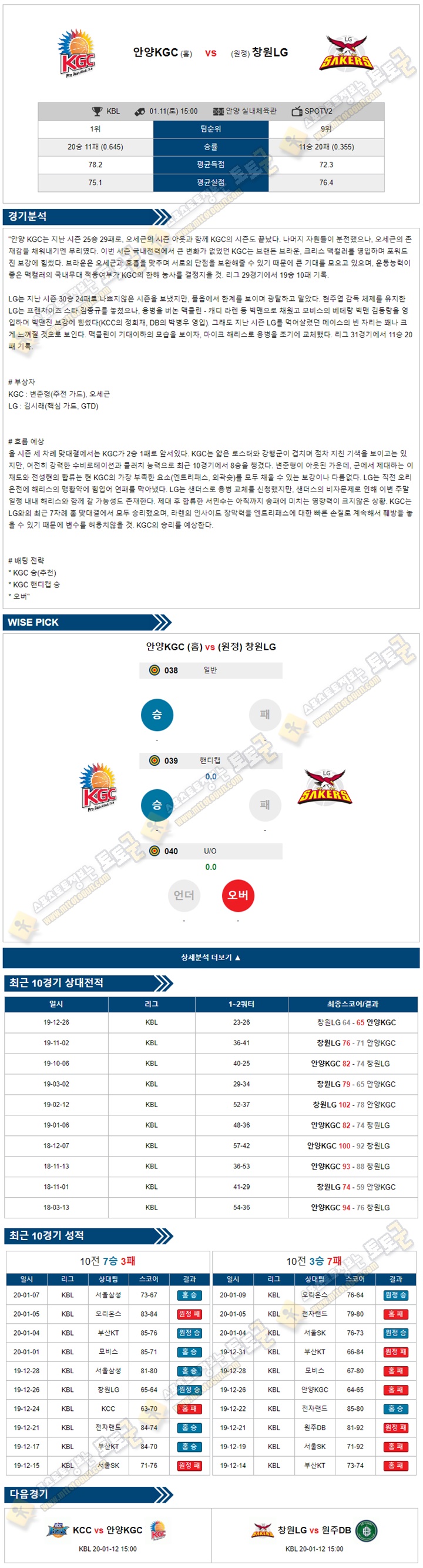 분석픽 KBL 1월 11일 3경기 토토군 분석