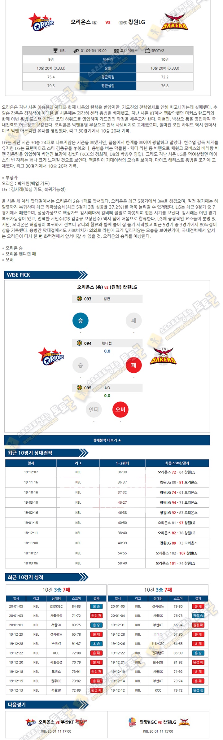 분석픽 KBL 1월 9일 오리온스 창원LG 토토군 분석