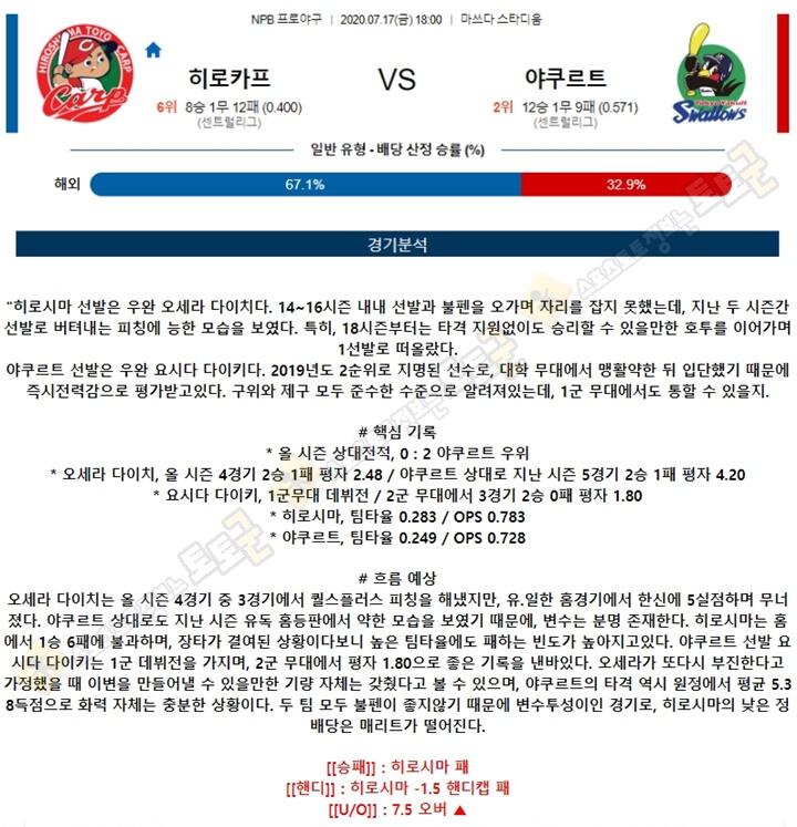 분석픽 7월 17일 NPB 프로야구 6경기 토토군 분석