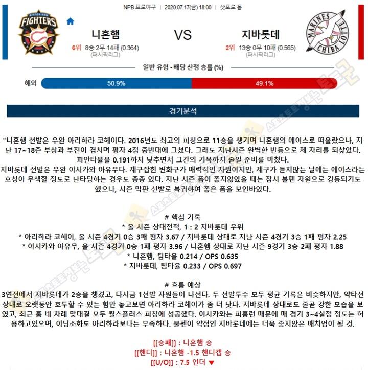 분석픽 7월 17일 NPB 프로야구 6경기 토토군 분석