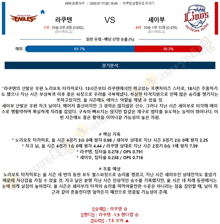 분석픽 7월 17일 NPB 프로야구 6경기 토토군 분석