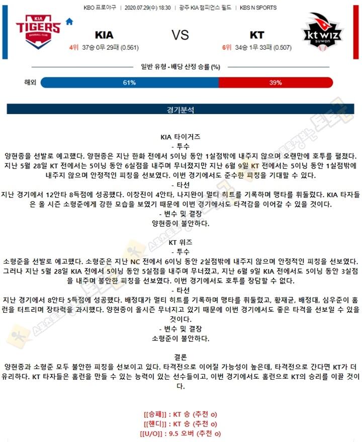 분석픽 7월 29일 KBO 프로야구 5경기 토토군 분석