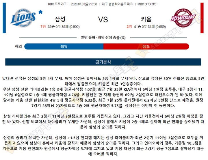 분석픽 7월 31일 KBO 프로야구 5경기 토토군 분석