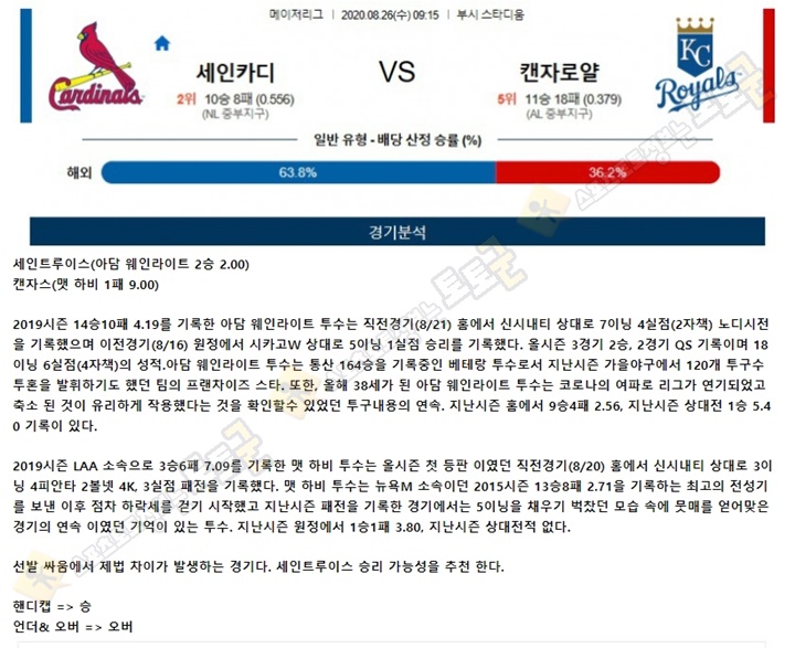 분석픽 8월 26일 MLB 15경기 토토군 분석