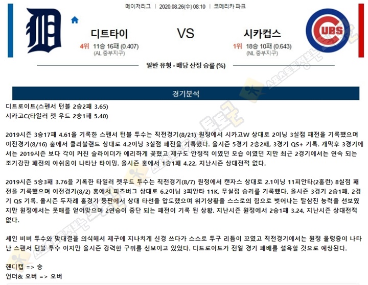 분석픽 8월 26일 MLB 15경기 토토군 분석