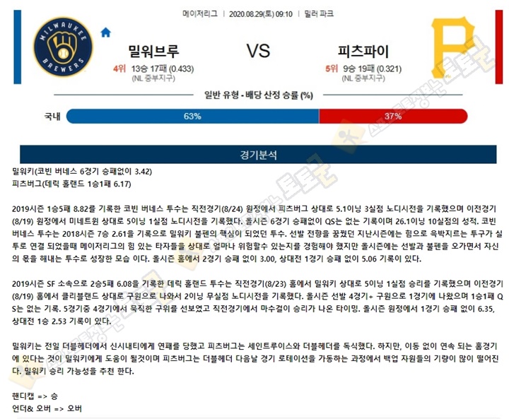 분석픽 8월 29일 MLB 15경기 토토군 분석