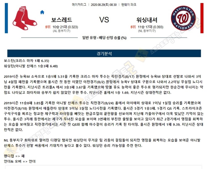 분석픽 8월 29일 MLB 15경기 토토군 분석