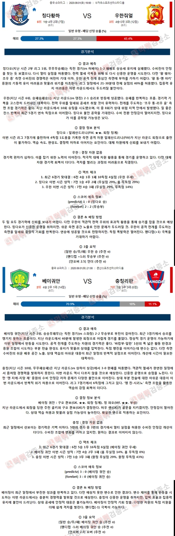 분석픽 9월 01일 CSL 중국 슈퍼리그 2경기 먹튀검증소 분석픽
