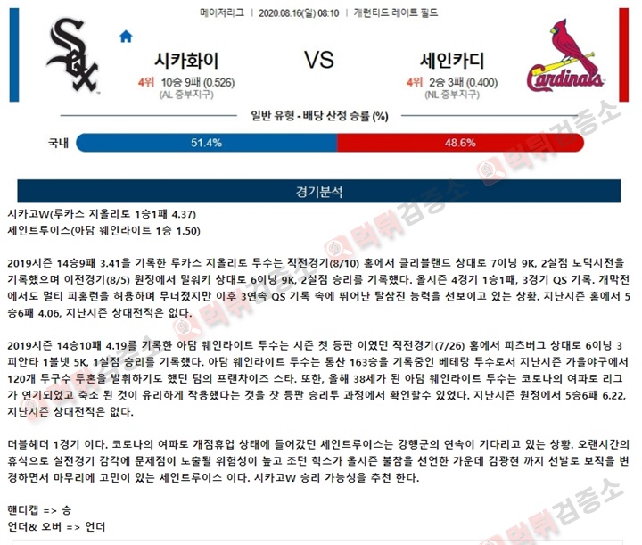 분석픽 8월 16일 MLB 15경기 먹튀검증소 분석픽