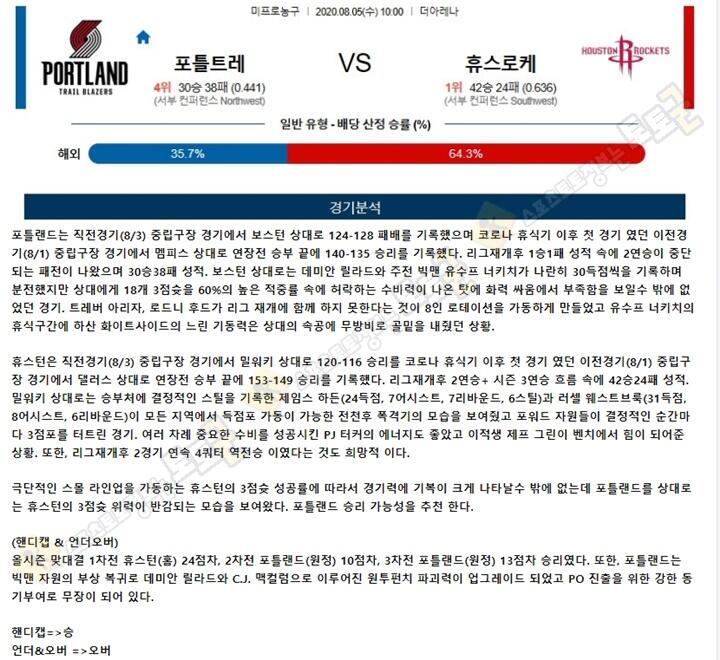 분석픽 8월 5일 NBA 6경기 토토군 분석