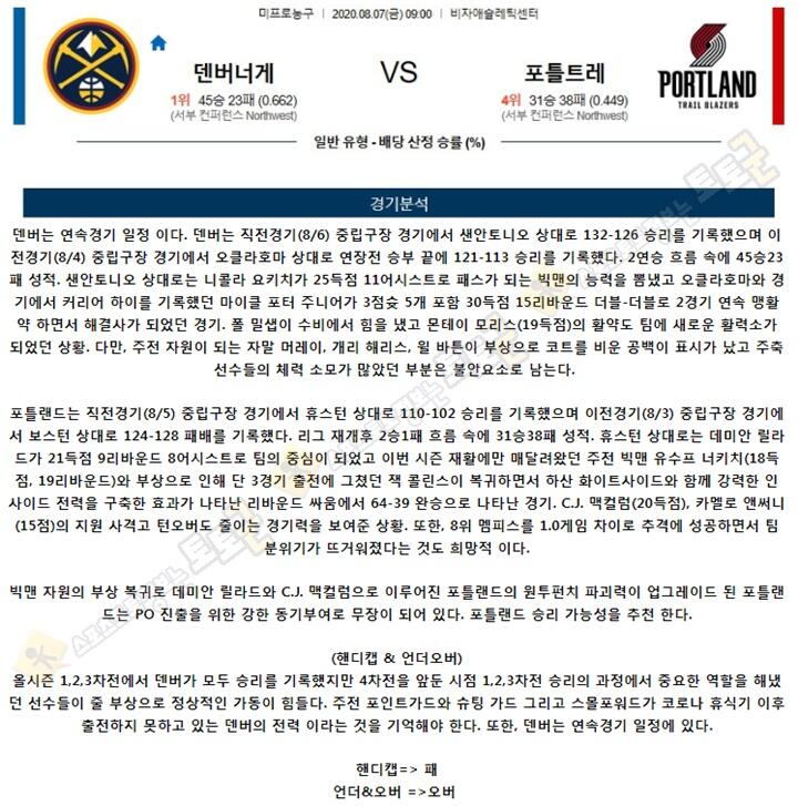 분석픽 8월 7일 NBA 6경기 토토군 분석