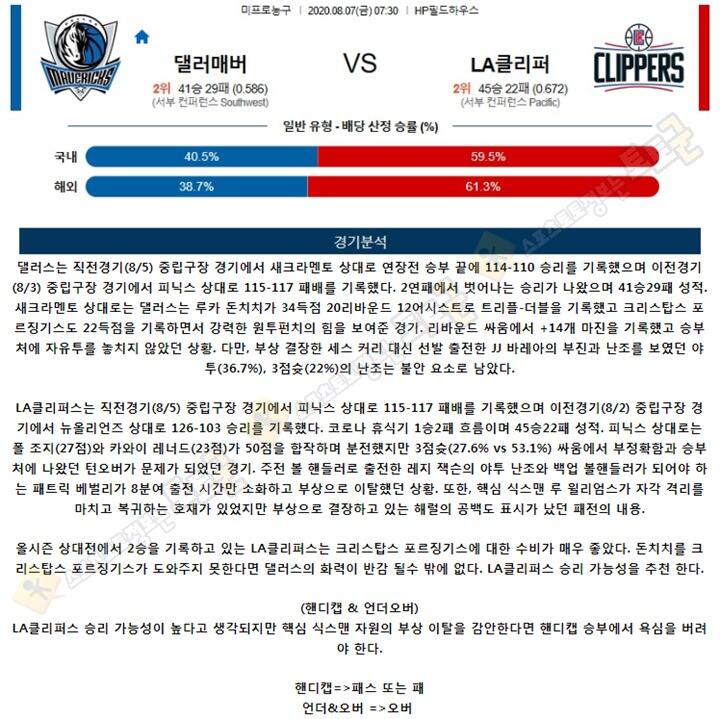 분석픽 8월 7일 NBA 6경기 토토군 분석