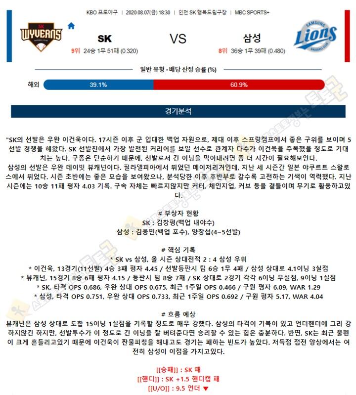 분석픽 8월 7일 KBO 5경기 토토군 분석