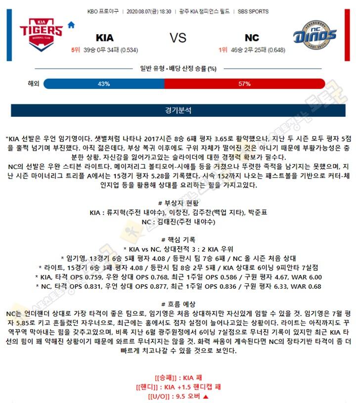 분석픽 8월 7일 KBO 5경기 토토군 분석