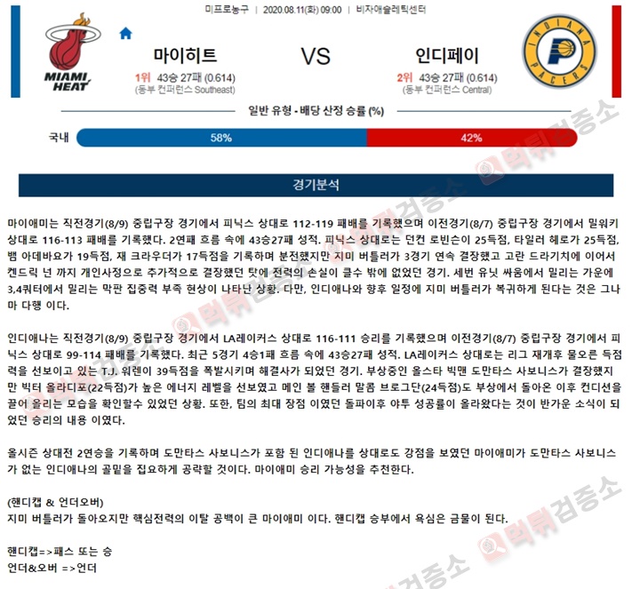 분석픽 8월 11일 NBA 5경기 토토군 분석