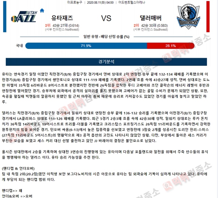 분석픽 8월 11일 NBA 5경기 토토군 분석