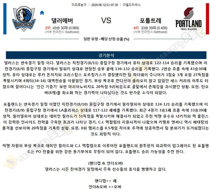 분석픽 8월 12일 NBA 7경기 토토군 분석