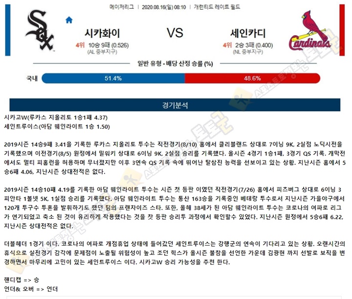 분석픽 8월 16일 MLB 15경기 토토군 분석