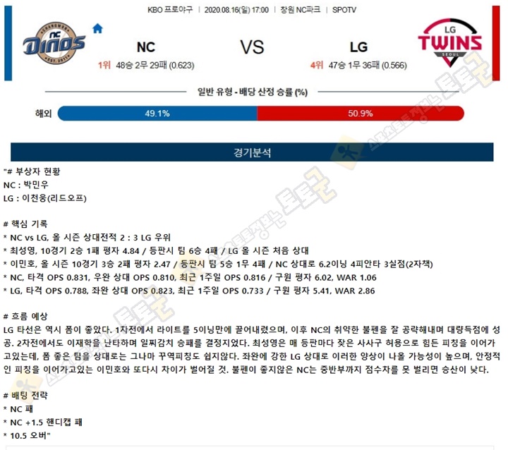 분석픽 8월 16일 KBO 5경기 토토군 분석