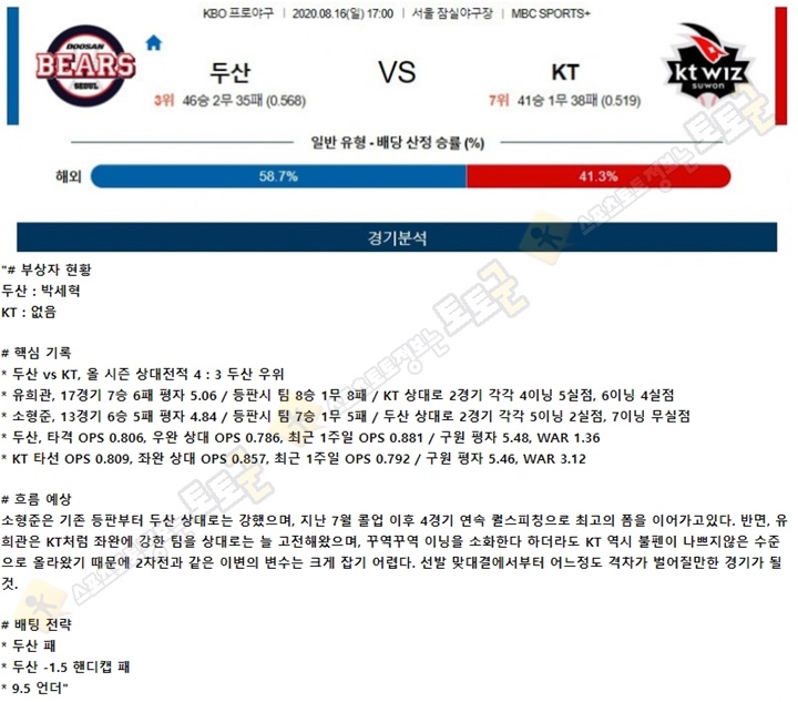 분석픽 8월 16일 KBO 5경기 토토군 분석