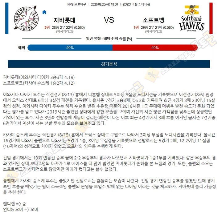 분석픽 8월 20일 NPB 6경기 토토군 분석