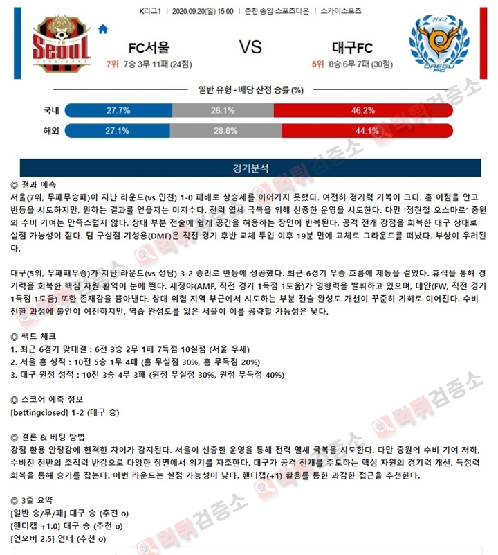 분석픽 9월 20일 K리그1 6경기 먹튀검증소 분석픽