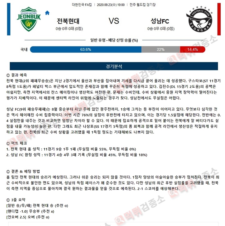 분석픽 9월 23일 한국FA컵 2경기 먹튀검증소 분석픽
