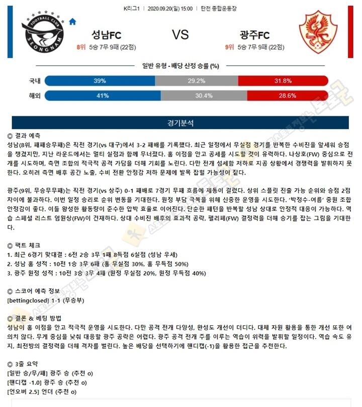 분석픽 9월 20일 K리그1 6경기 토토군 분석