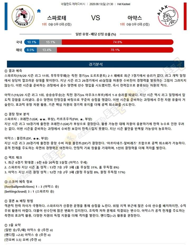 분석픽 9월 13일 에레디비 5경기 토토군 분석