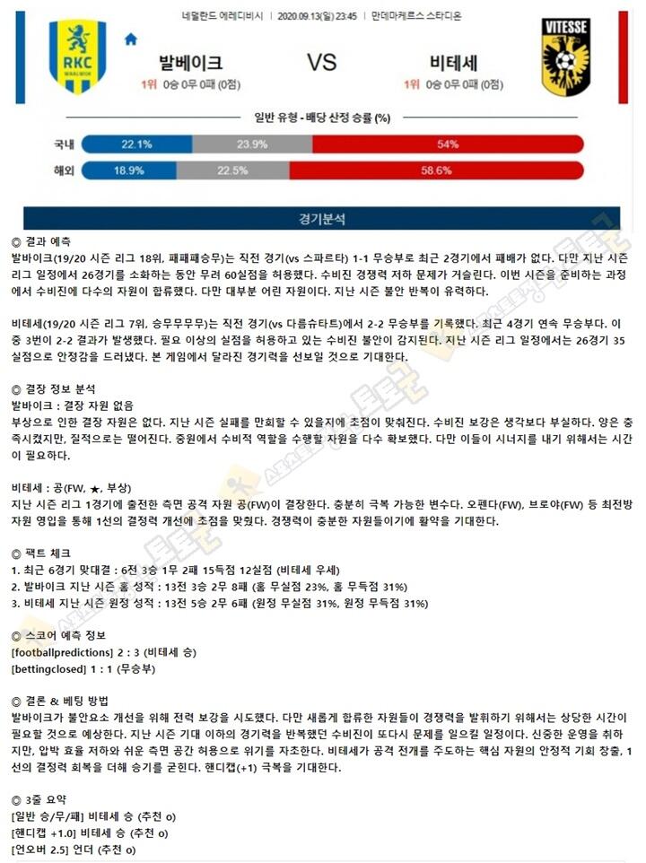 분석픽 9월 13일 에레디비 5경기 토토군 분석