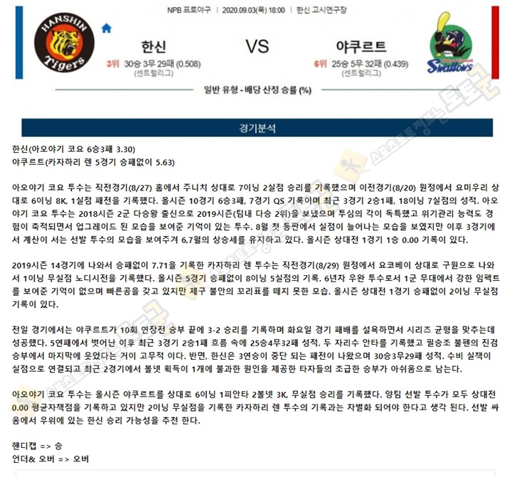 분석픽 9월 3일 NPB 6경기 토토군 분석