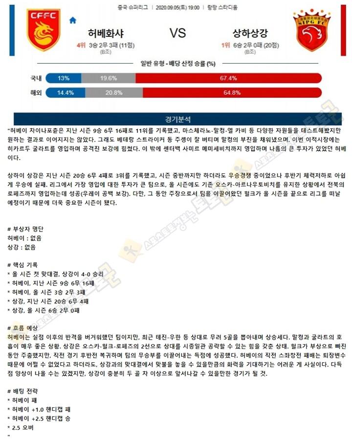 분석픽 9월 5일 CSL 중국슈퍼리그 2경기 토토군 분석