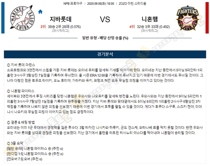 분석픽 9월 8일 NPB 6경기 토토군 분석