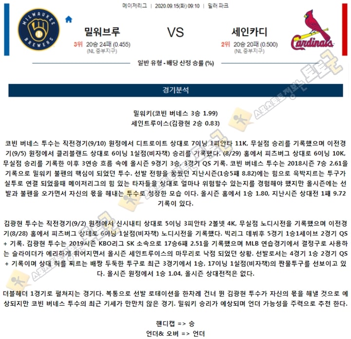 분석픽 9월 15일 MLB 7경기 토토군 분석