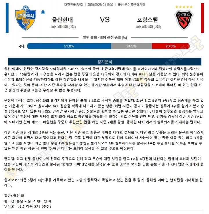 분석픽 9월 23일 한국FA컵 2경기 토토군 분석