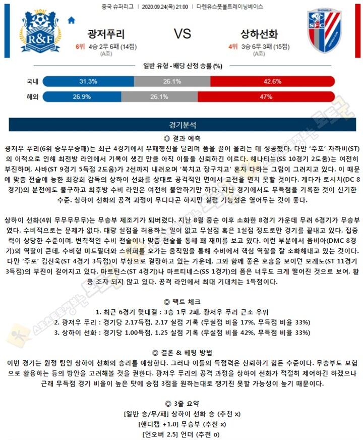 분석픽 9월 24일 CSL 4경기 토토군 분석