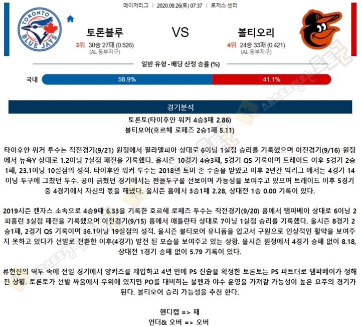 분석픽 9월 26일 MLB 15경기 토토군 분석