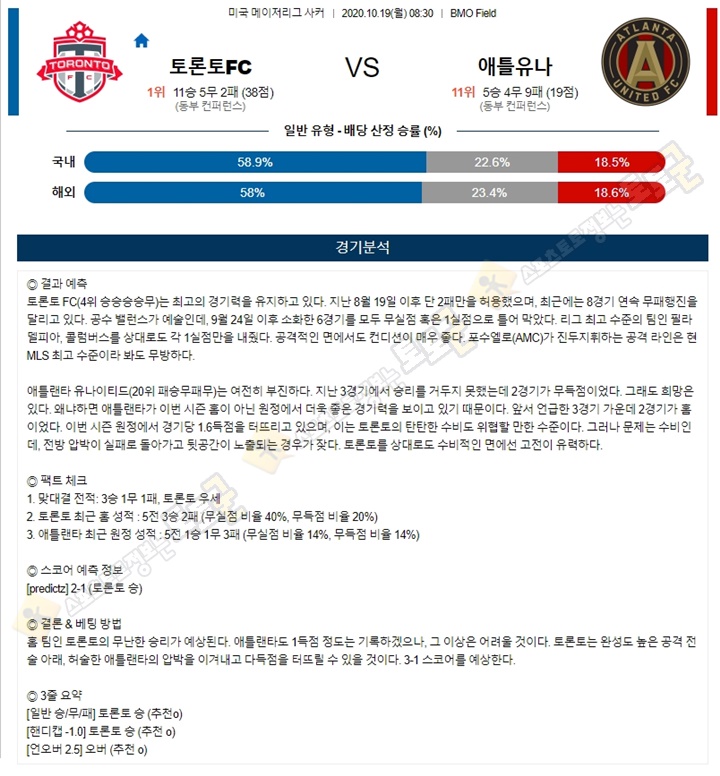 분석픽 10월 19일 MLS 9경기 토토군 분석