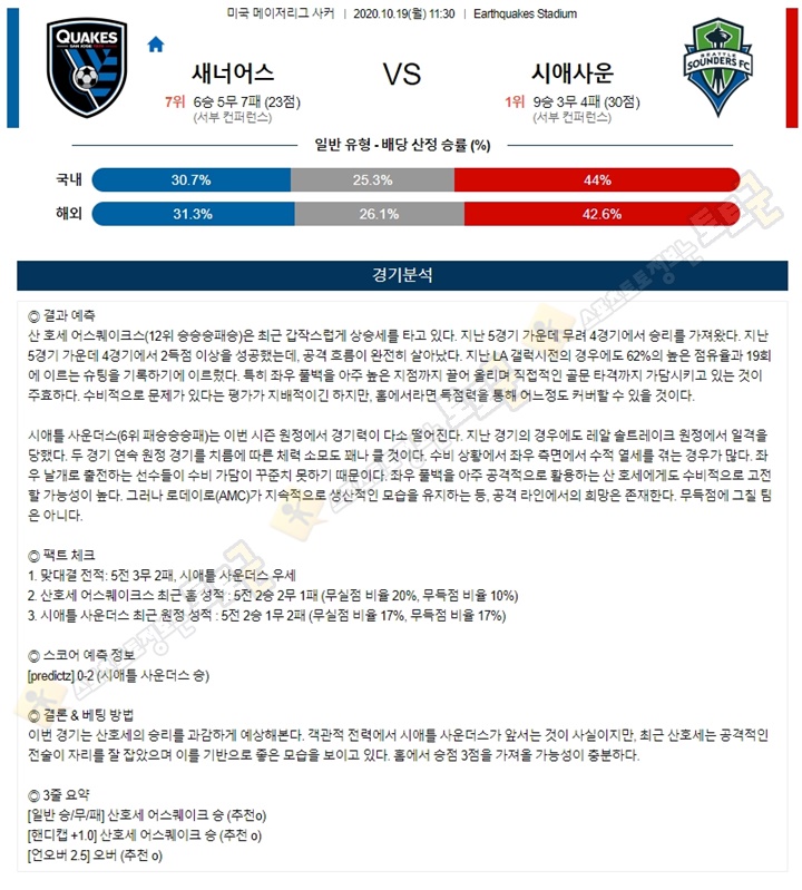 분석픽 10월 19일 MLS 9경기 토토군 분석