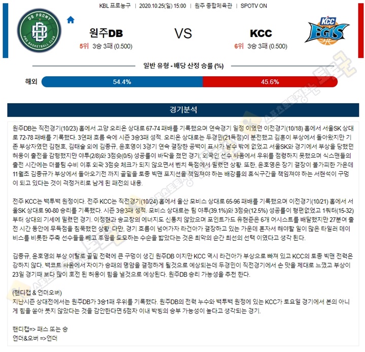 분석픽 10월 25일 KBL 4경기 토토군 분석