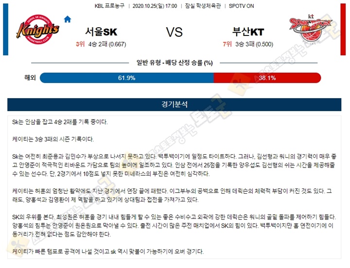 분석픽 10월 25일 KBL 4경기 토토군 분석