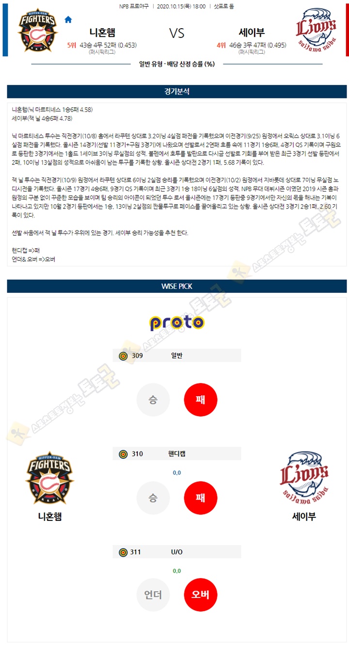 분석픽 10월 15일 NPB 6경기 토토군 분석